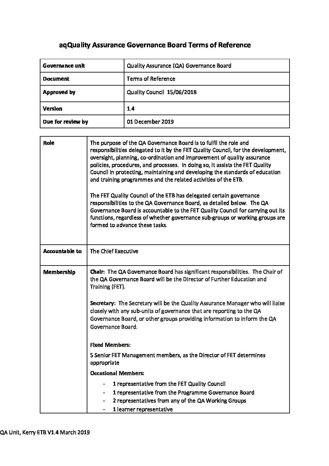 Quality Governance Board Terms Of Reference Kerry Etb 6214