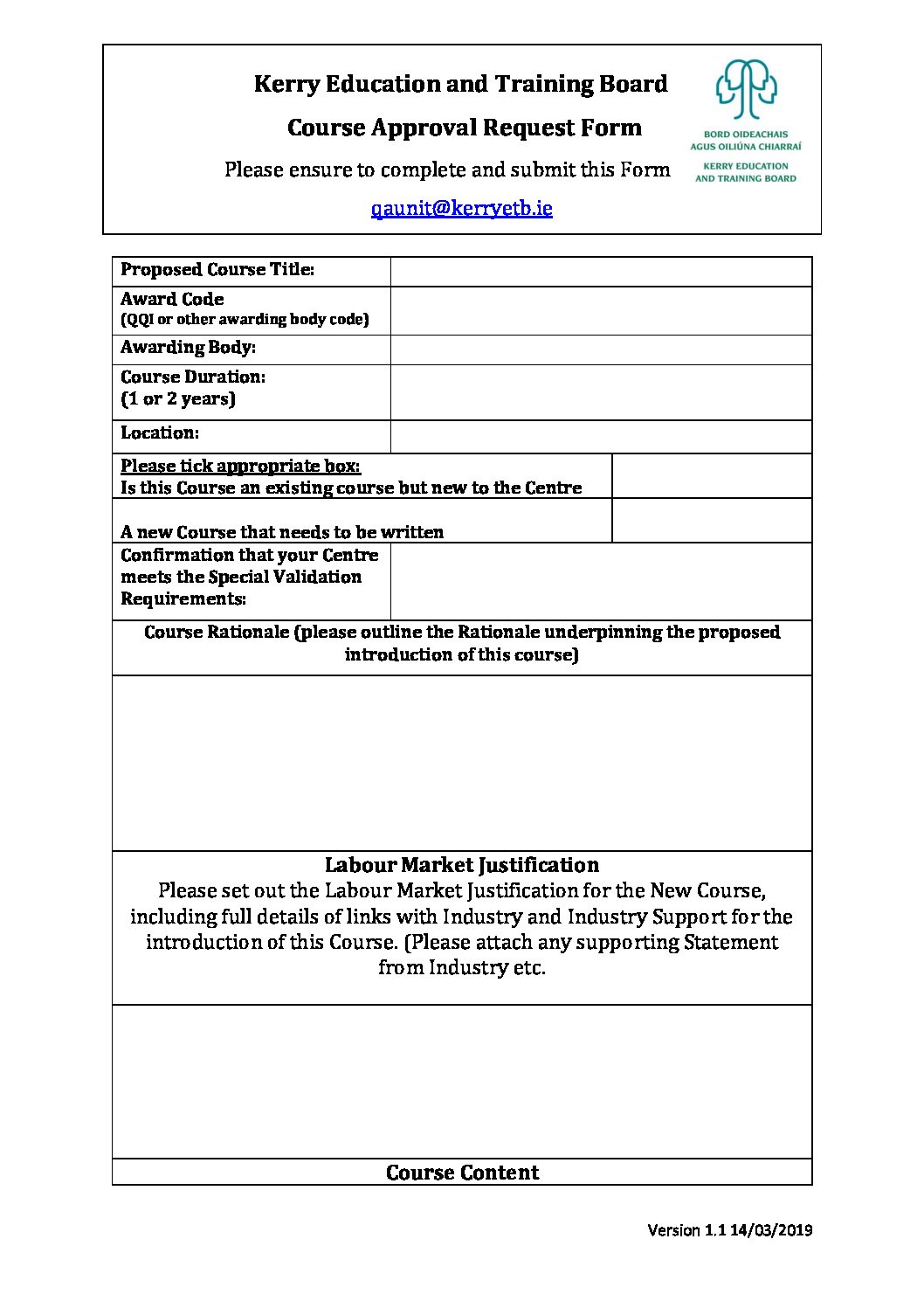 Course Approval Form Kerry ETB