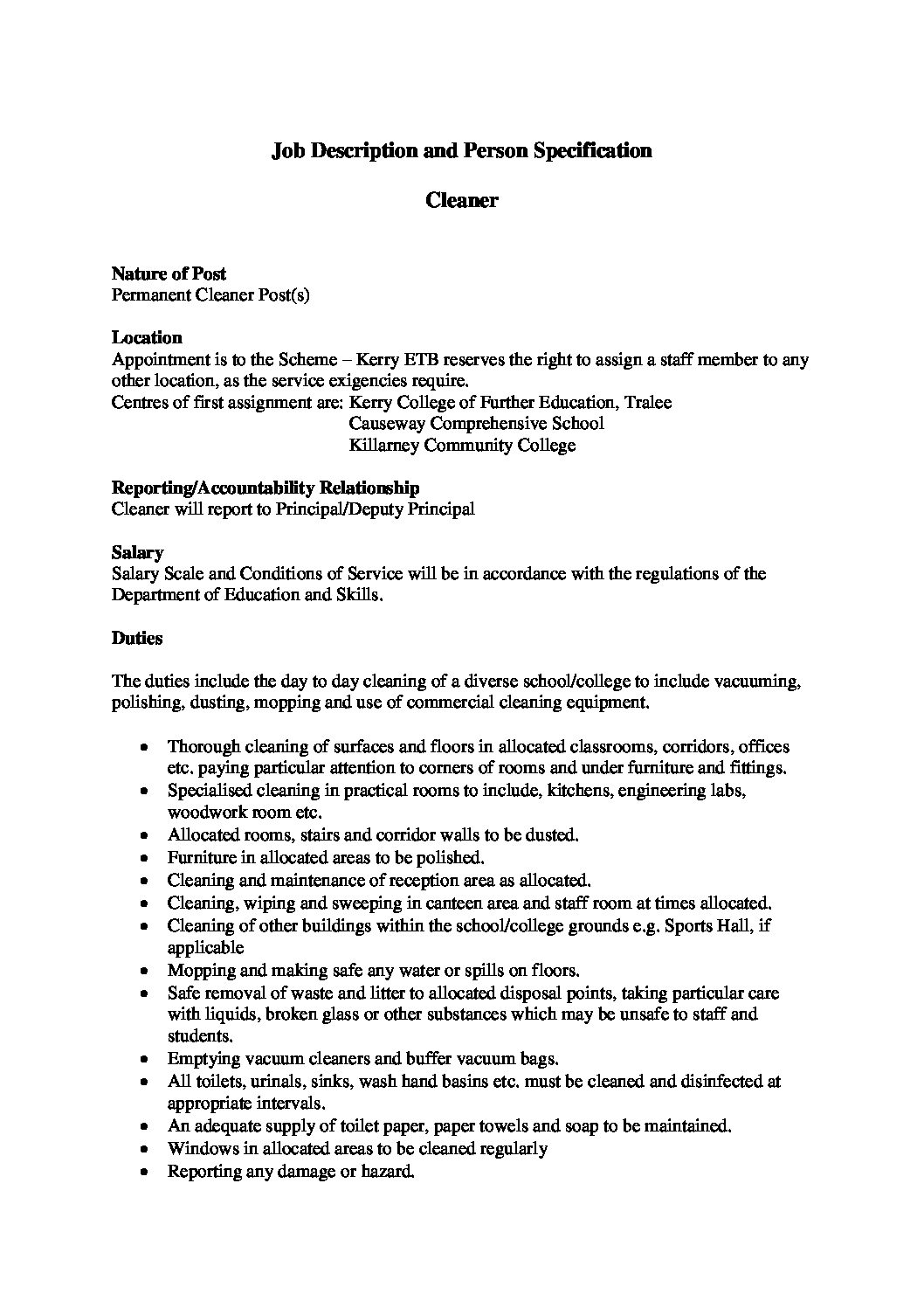 Cleaner Job Description and Person Specification (002) Kerry ETB